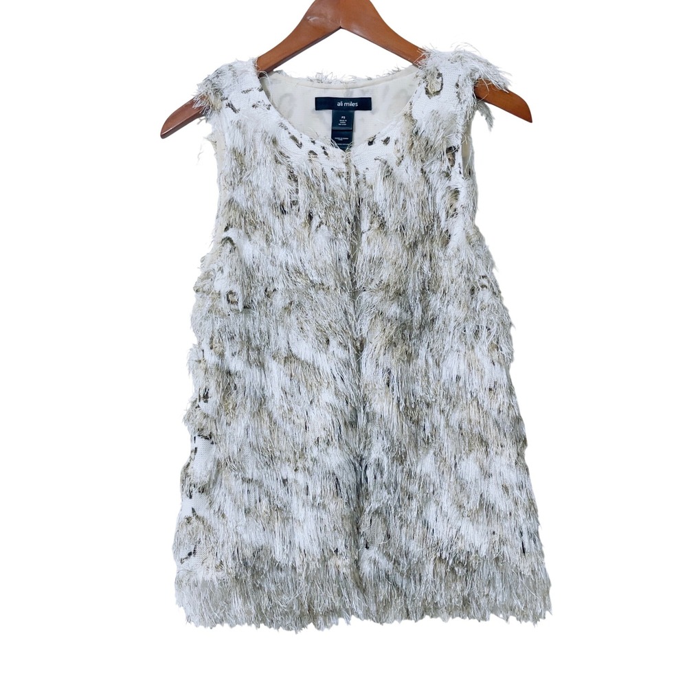 Ali Miles Womens Vest PS White Fringe Animal Print Sleeveless Textured Eclectic